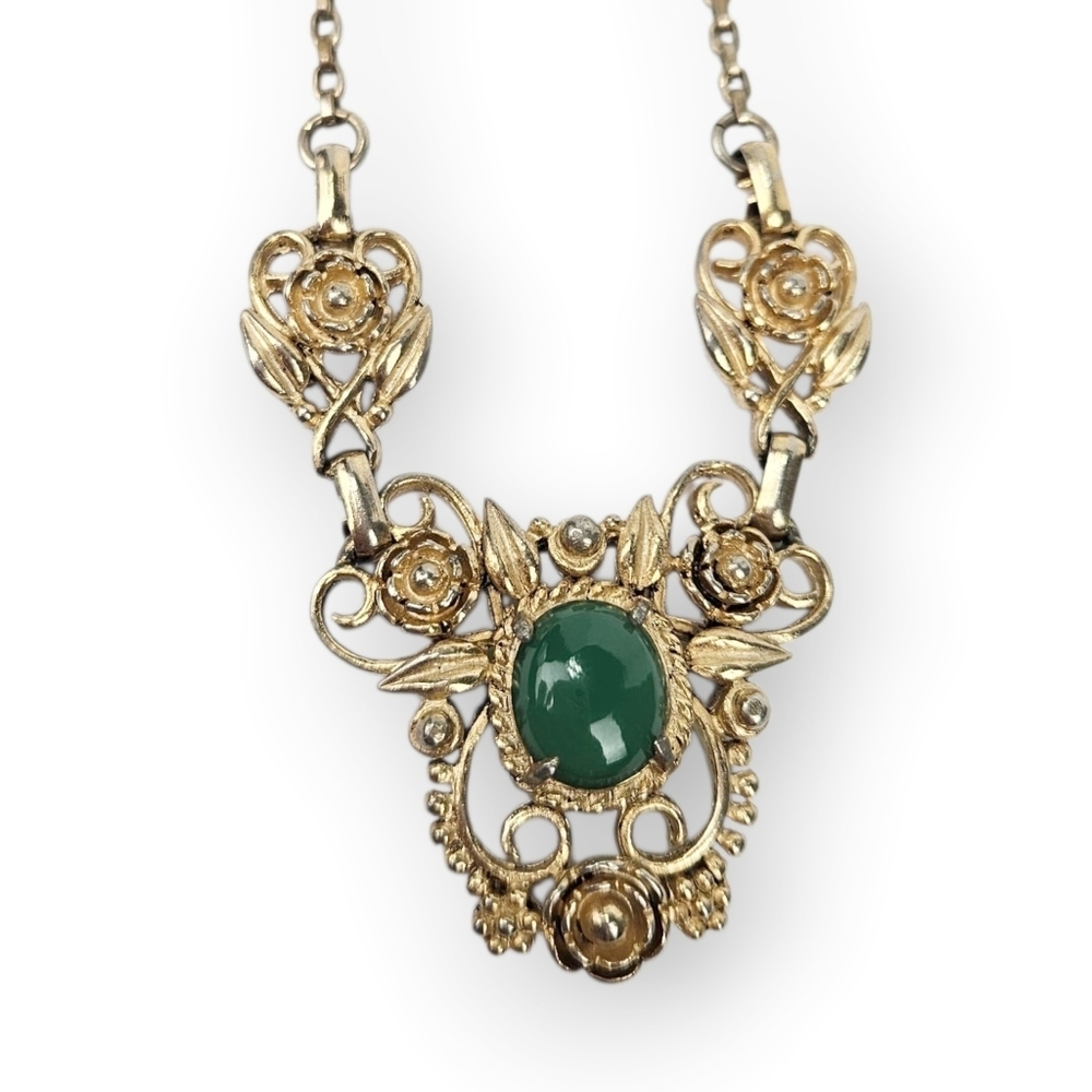 Victorian Revival Jadeite Necklace Ornate Floral Filigree Pendant Chain Vtg 15"